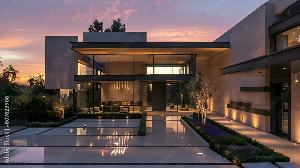 Gorgeous contemporary luxury residence with a sophisticated entrance that is perfect for a sunset