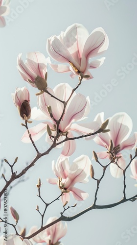 Elegant design poster with magnolia flowers levitating, surrounded by negative space that enhances the plants symbolism of dignity and nobility