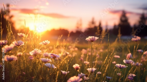 sunset over a tranquil meadow, with wildflowers swaying gently in the breeze. photo