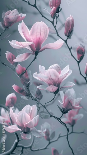 Elegant design poster with magnolia flowers levitating  surrounded by negative space that enhances the plants symbolism of dignity and nobility