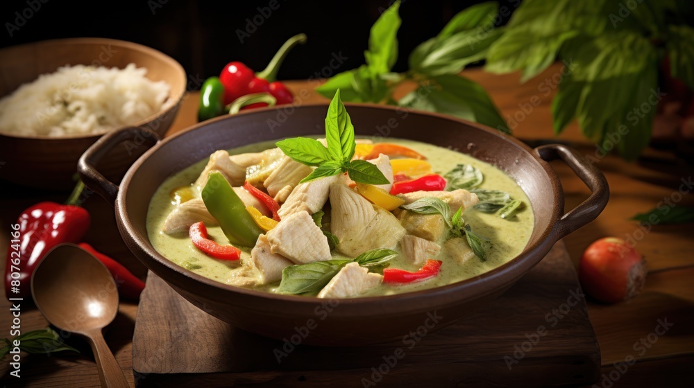 Green Curry, a fragrant coconut milk-based curry filled with tender chicken pieces, Green Curry, a fragrant coconut milk-based curry filled with tender chicken pieces,