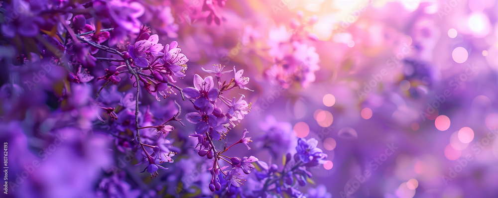 Purple spring blossom, panoramic view, floral card design, generated by AI
Purple spring blossom, panoramic view, floral card design, generated by AI