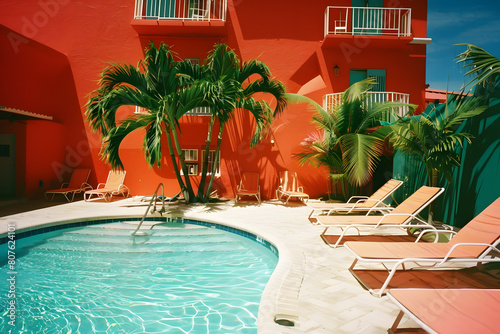 Swimming pool and sun loungers at stylish tropical spa hotel, summertime banner mockup. Summer travel sales and vacation concept.