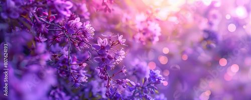 Purple spring blossom, panoramic view, floral card design, generated by AI
