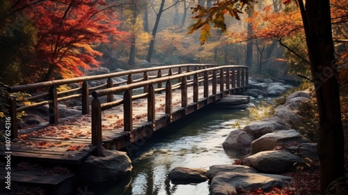 wooden bridge spanning a meandering river amidst a breathtaking autumn landscape  