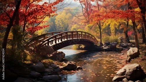wooden bridge spanning a meandering river amidst a breathtaking autumn landscape, 