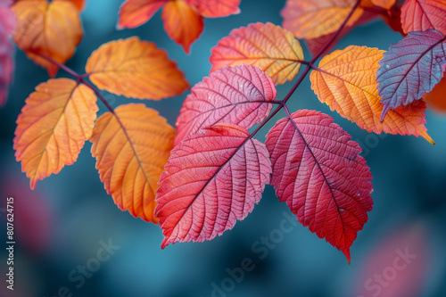 Close-up of vibrant autumn leaves on a blurred background  showcasing intricate patterns. AI generated.