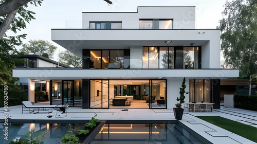 Modern architecture, white walls with black windows and doors, modern style villa exterior design