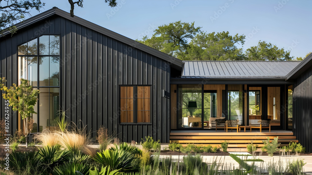 Modern farmhouse style home exterior design with black vertical tongue and groove metal sheet siding, wood color on the walls