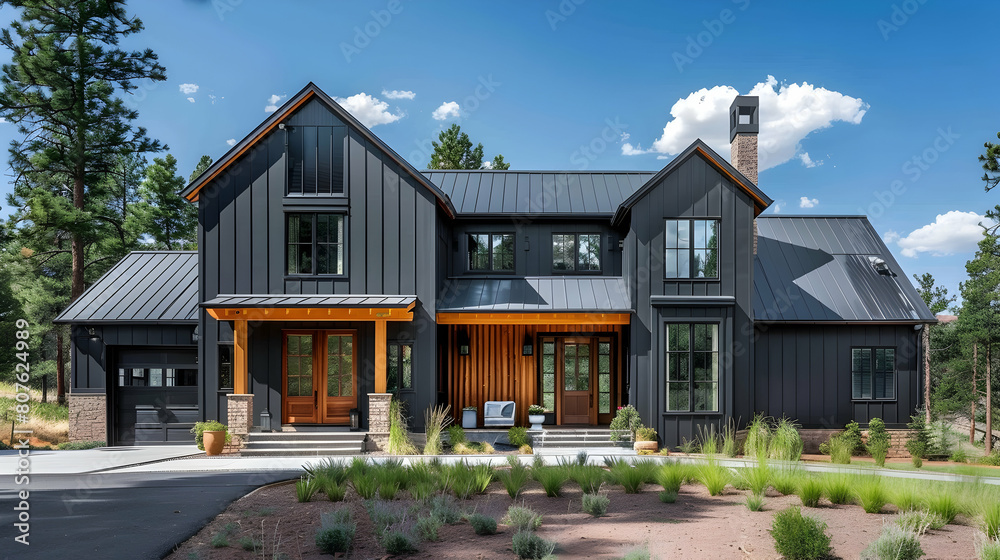 Modern farmhouse style home exterior design with black vertical tongue and groove metal sheet siding, wood color on the walls