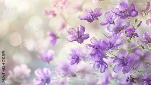 Dynamic graphic poster with violet flowers floating against a soft, neutral backdrop, creating a serene contrast that showcases their springtime beauty © kitidach