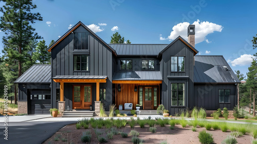 Modern farmhouse style home exterior design with black vertical tongue and groove metal sheet siding, wood color on the walls © Pik_Lover