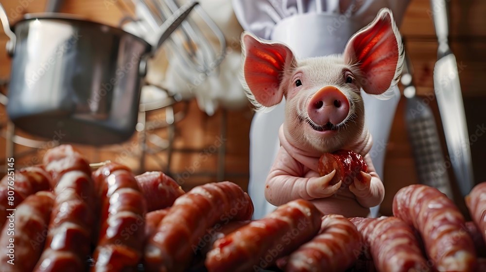 Playful Pork Packer Cartoon Pig Peeks from Gourmet Sausage Package with Miniature Chef Attire
