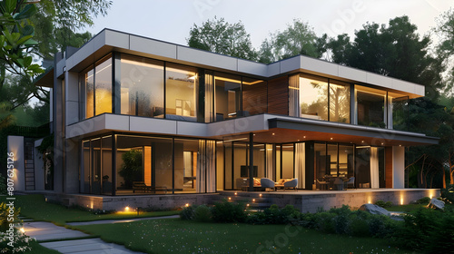 Modern home exterior with large windows, wooden accents and sleek design in the city of Slimland at sunset