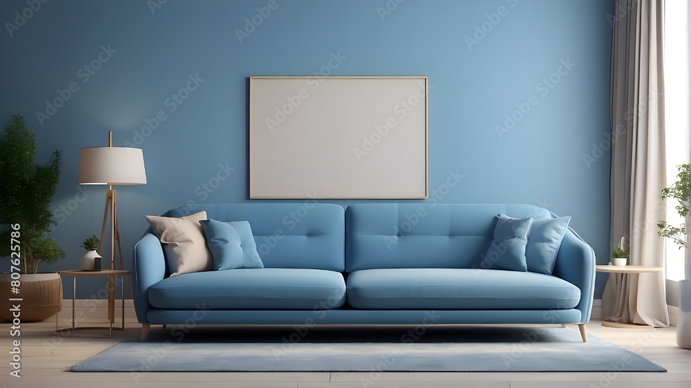 3D rendering of a living room interior featuring a blue sofa