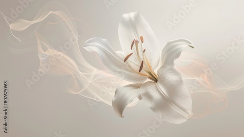 Dynamic graphic poster with a lily floating against a soft  neutral backdrop  creating a dramatic contrast that accentuates its delicate petals