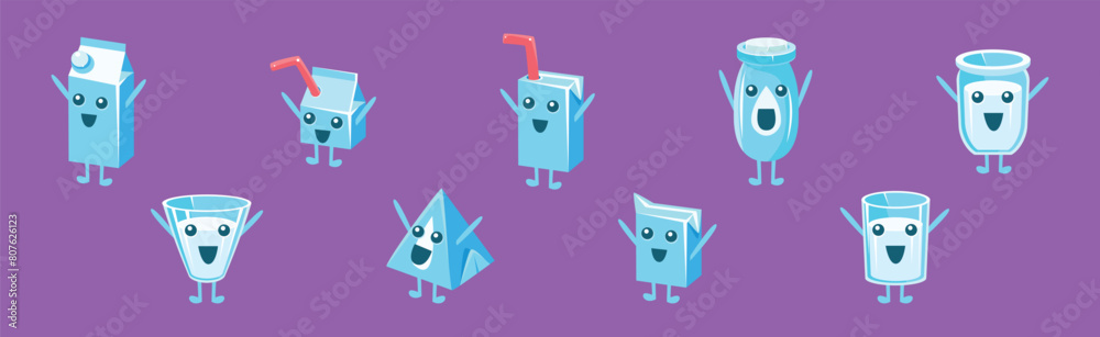 Milk Container Funny Character with Face on Purple Background Vector Set Milk Container Funny Character with Face on Purple Background Vector Set