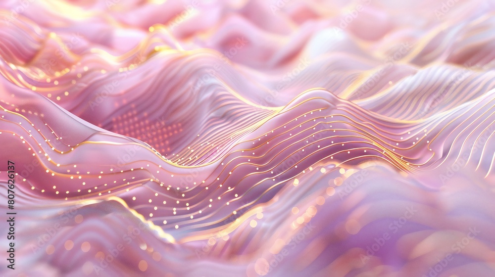 Calm Cascades: Soft-colored 3D waves descend peacefully, adorned with shimmering gold accents amidst delicate geometric motifs. Calm Cascades: Soft-colored 3D waves descend peacefully, adorned with shimmering gold accents amidst delicate geometric motifs.