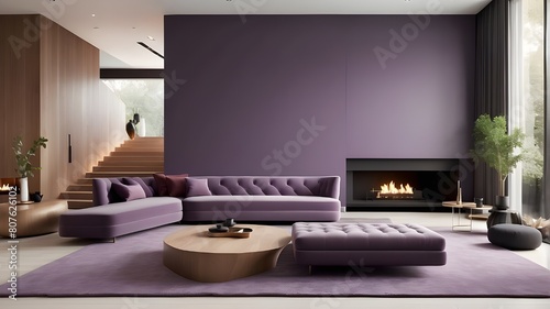 Violet-tufted sofa in an expansive, opulent space featuring a fireplace and a staircase. Modern living area in a wooded residence with minimalist interior design. © Kashwat
