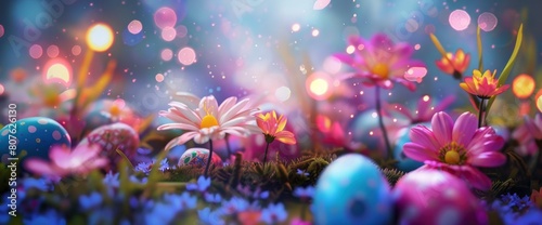 Revel In The Festive Spirit With Colorful Easter Eggs And Flowers On An Illuminated Background, Background HD For Designer 