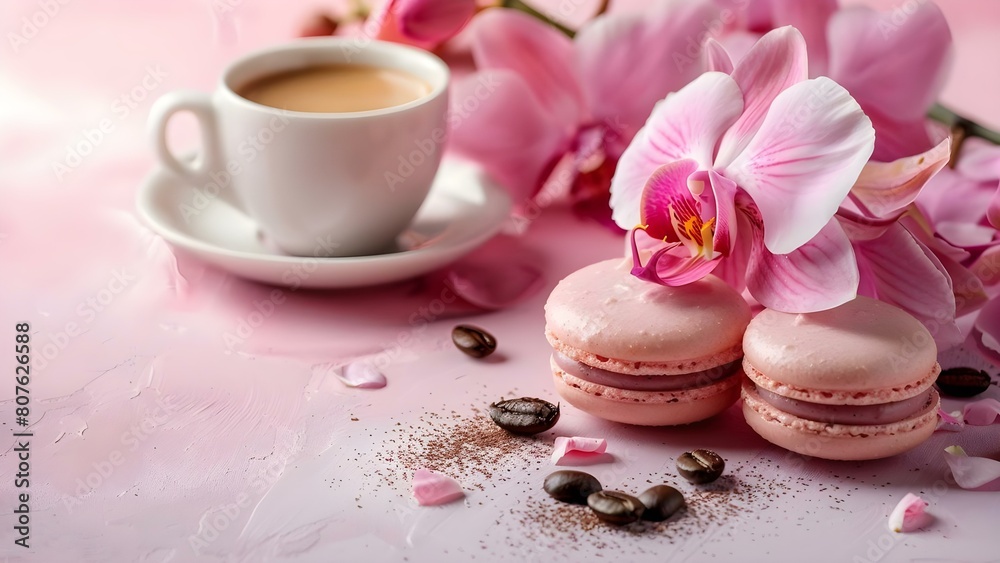 Pink orchid coffee macaroon on pastel background for Valentines or Womens Day. Concept Valentines Day, Womens Day, Pink Orchid, Coffee Macaroon, Pastel Background Pink orchid coffee macaroon on pastel background for Valentines or Womens Day. Concept Valentines Day, Womens Day, Pink Orchid, Coffee Macaroon, Pastel Background