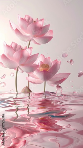 Creative visualization poster with lotus flowers defying gravity  set against a clean  stark background for a dramatic visual impact