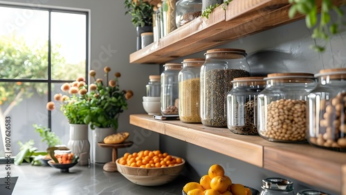 Organize pantry shelves for efficient kitchen storage in home interior design. Concept Pantry Organization, Kitchen Storage, Efficient Shelving, Home Interior Design, Space Optimization photo