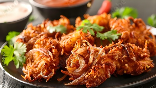 Delicious Indian crispy onion bhaji a musttry for food lovers. Concept Indian Cuisine, Appetizers, Street Food, Vegetarian Dishes, Cooking at Home photo