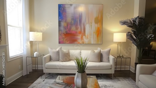 Chic living room with neutral tones abstract painting and trendy decor. Concept Neutral Tones  Chic Living Room  Abstract Painting  Trendy Decor