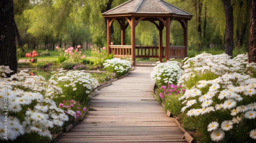 wooden path winding through a charming spring garden, wooden path winding through a charming spring garden,