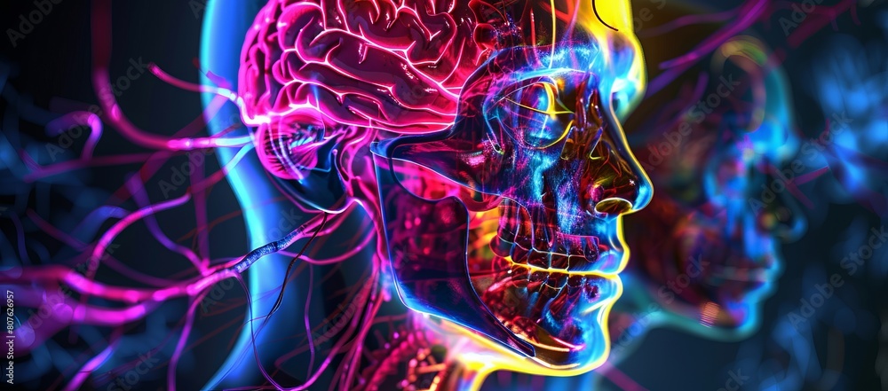 Colorful digital visualization showing the human brain and nervous system in neon-like colors, illustrating neural activity and anatomy. Colorful digital visualization showing the human brain and nervous system in neon-like colors, illustrating neural activity and anatomy.