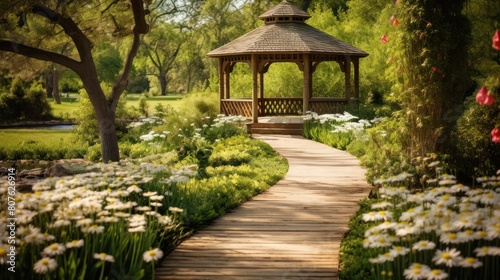 wooden path winding through a charming spring garden, 