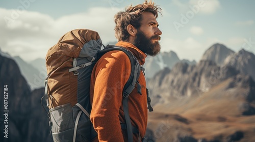 backpacker with beautiful mountain peaks, success concept