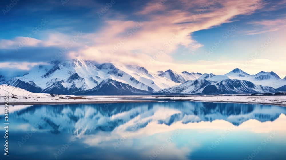 a tranquil mountain lake reflecting the snow-capped peaks above, a tranquil mountain lake reflecting the snow-capped peaks above,