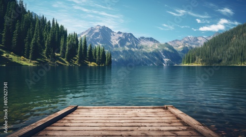 mountain lake with a rustic wooden dock extending into beautiful lake