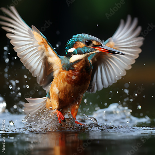Kingfisher in water on dark background. Wildlife scene from nature. © Creative Laik