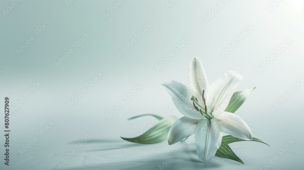 Fototapeta premium Conceptual art poster depicting a lily levitating in a precise arrangement, with a crisp, uncluttered background emphasizing tranquility and purity