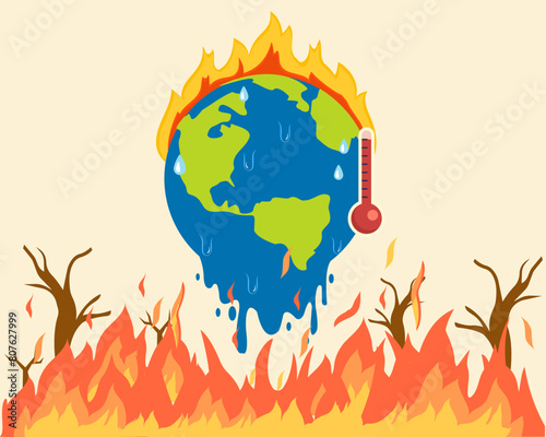 global warming and deforestation global warming effect earth melting due to sun heatstroke vector illustration
