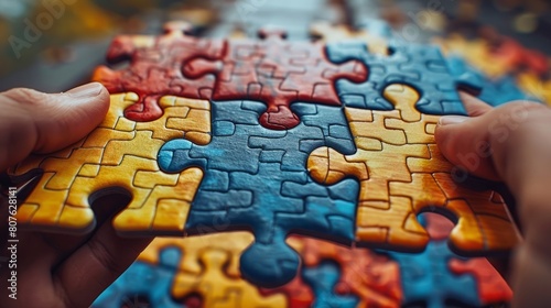 It's a business puzzle. Success and strategy are at the center. People are holding a jigsaw puzzle. photo
