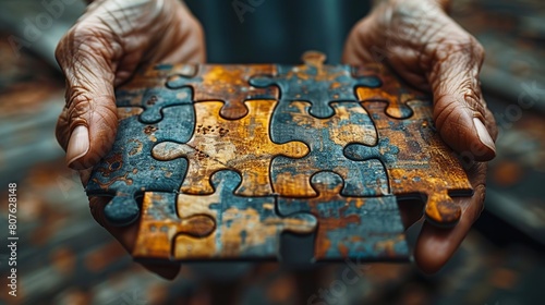 People hold a jigsaw puzzle in their hands. Business solutions, success, and strategy. photo