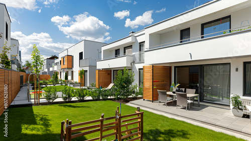 Modern townhouses with children's play areas and playgrounds, white modern houses, wooden fence, green grass in front of the house, garden furniture on terrace, sunny day