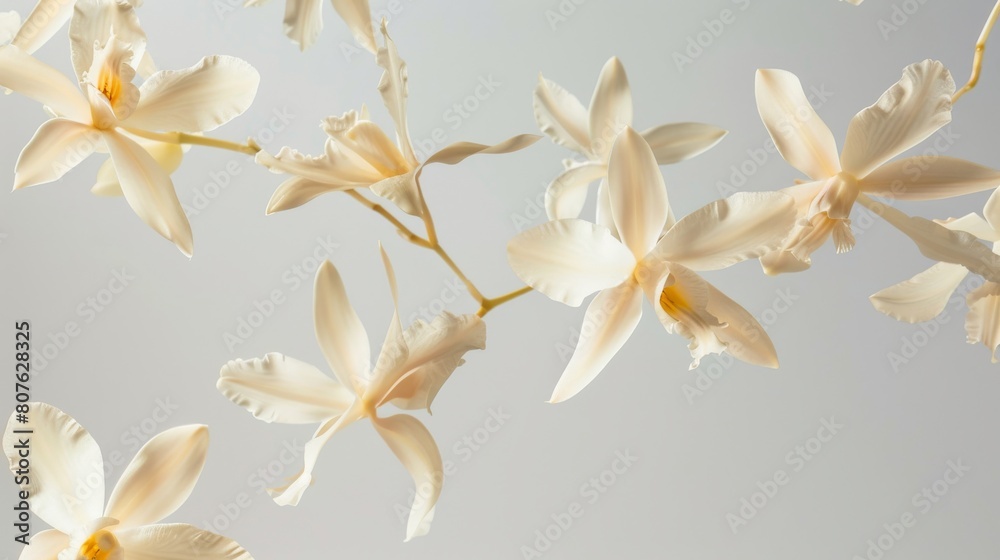 Fototapeta premium Artistic poster of vanilla flowers levitating, arranged against a stark background to emphasize their delicate structure and pale coloration
