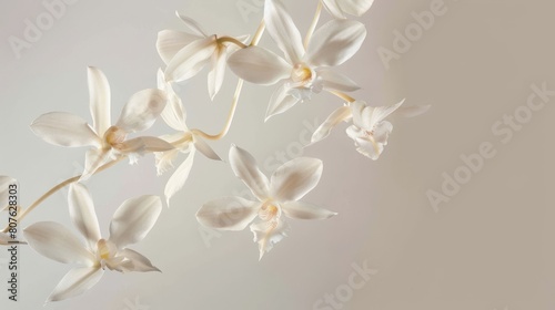 Artistic poster of vanilla flowers levitating  arranged against a stark background to emphasize their delicate structure and pale coloration