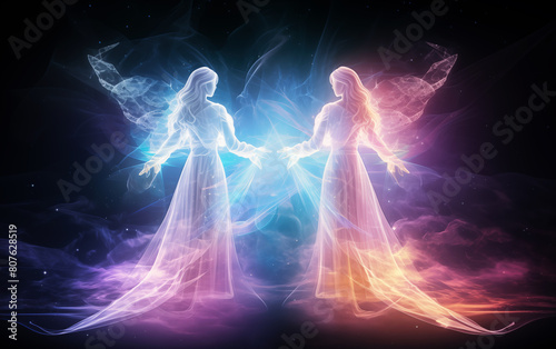 Women angels in beautiful white dresses on night ceremony in cosmyc space.