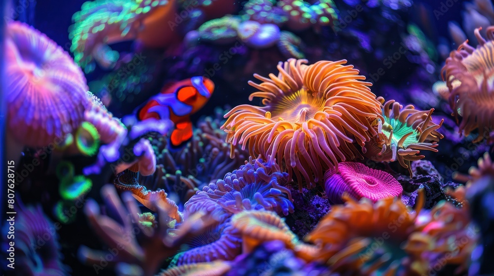 Obraz premium captivating close-up of a colorful coral reef teeming with marine life, including a vibrant clownfish peeking out from its anemone home. 