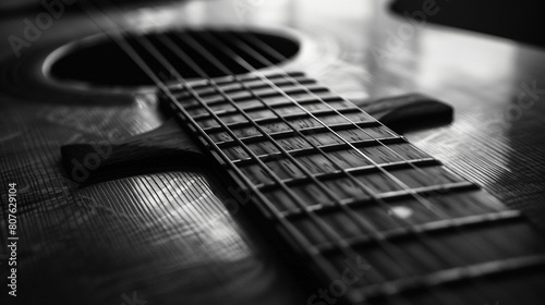 Monochrome Close-Up of Acoustic Guitar Strings
 photo