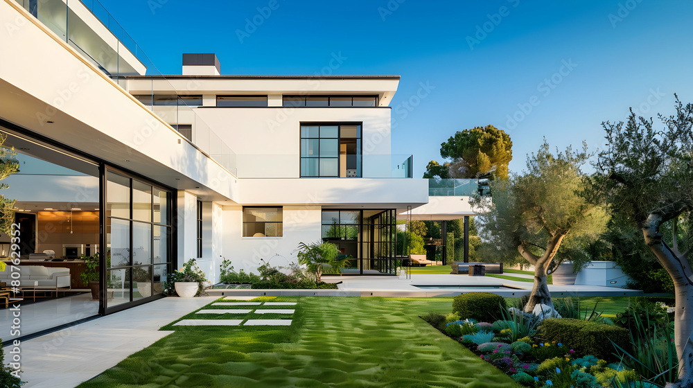 outside view of a contemporary white home with a courtyard
