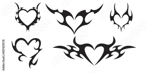 Neo tribal heart y2k aesthetic tattoo gothic cover, fire or wings abstract silhouette isolated on background. Divider, border, cyber body ornament, neotribal web goth decoration