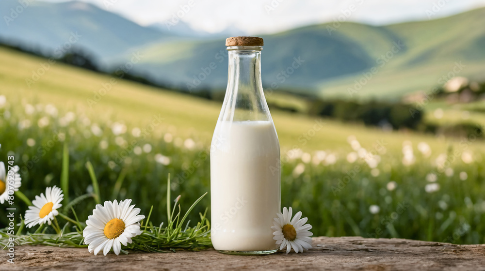 Glass bottle of fresh milk on green grass alpine meadow with flowers and mountain village in the background at sunrise. Dairy food Glass bottle of fresh milk on green grass alpine meadow with flowers and mountain village in the background at sunrise. Dairy food