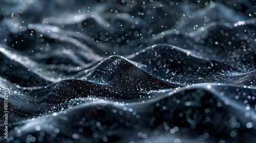 Galactic Cascades: Dark depths cradle intricate 3D waves, glinting with silver fragments.